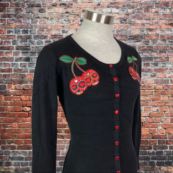 Banned Punk Rockabilly Cherry Black Cardigan Sweater - Picture 3 of 4